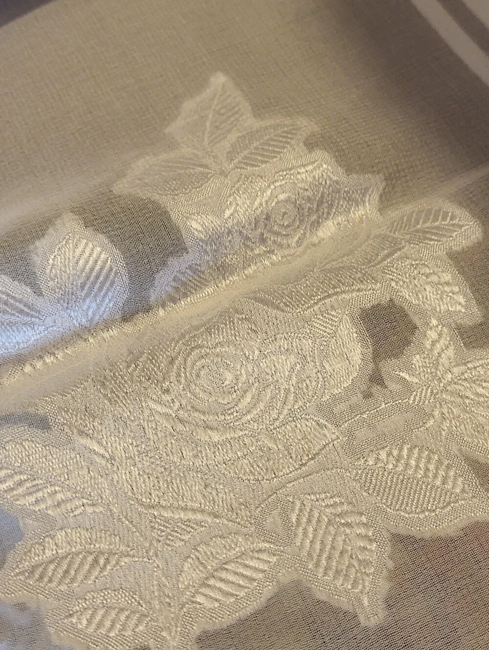 Jacquard 60s Rayon White Sheer Floral Scarf Hand Rolled Hems Japan